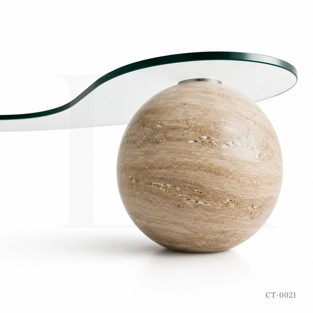 Organic Glass Coffee Table with Travertine Sphere & Stone Pedestal Base
