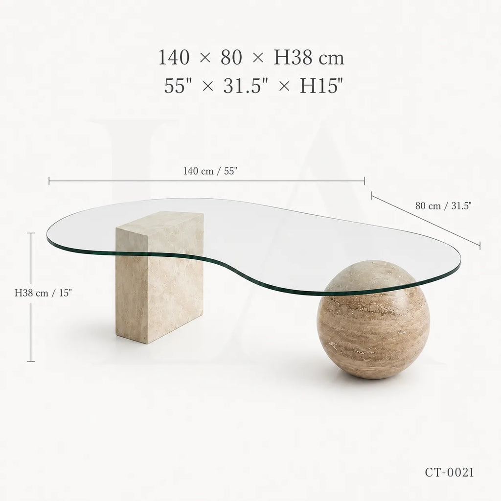 Organic Glass Coffee Table with Travertine Sphere & Stone Pedestal Base