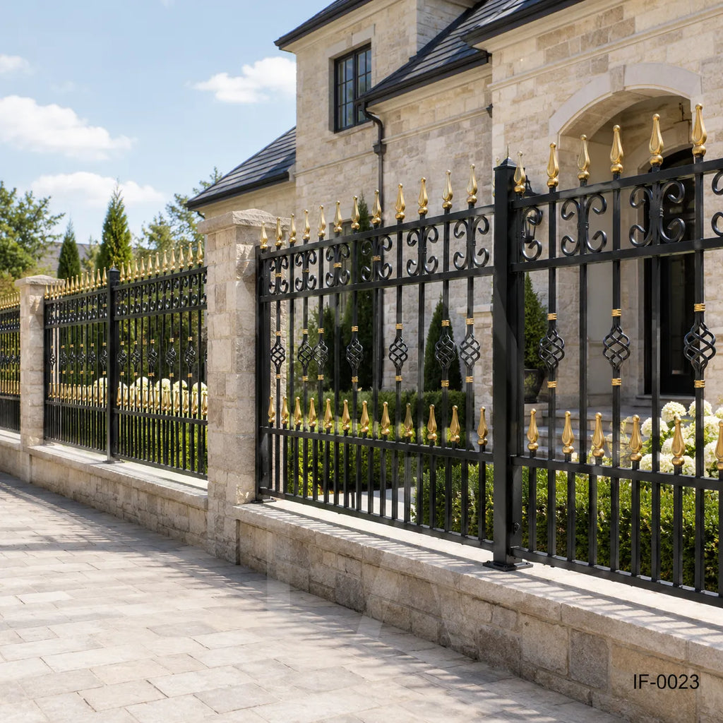 Traditional Black & Gold Wrought Iron Estate Fence Panel