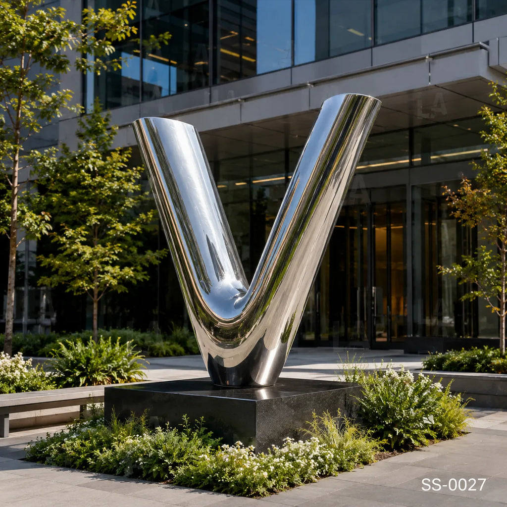 Modern Mirror Stainless Steel V Sculpture | Contemporary Abstract Public Art