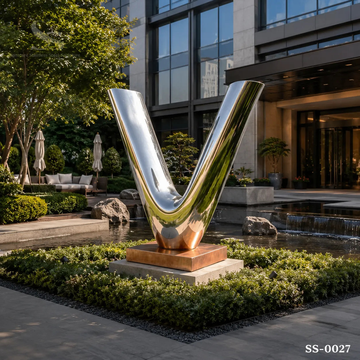 Modern Mirror Stainless Steel V Sculpture | Contemporary Abstract Public Art