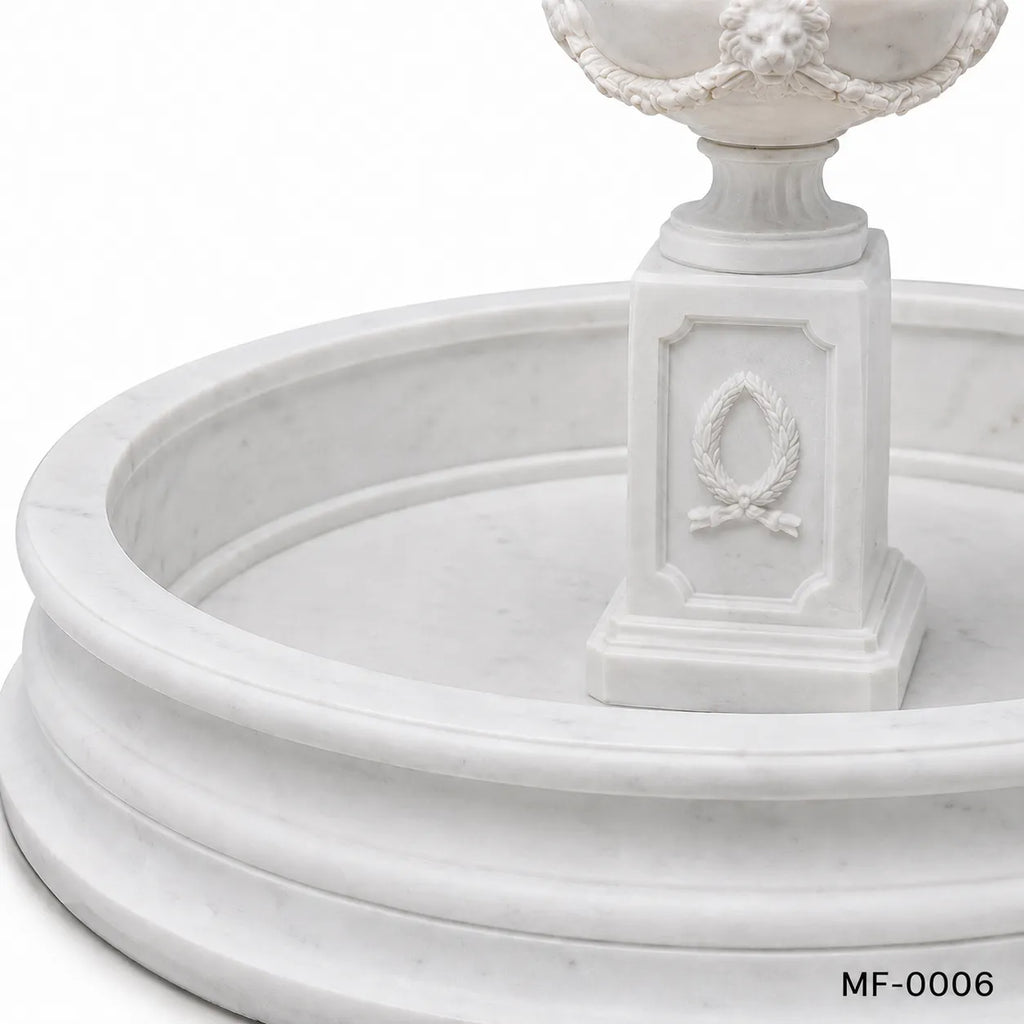 Classic White Marble Garden Urn Fountain with Circular Basin