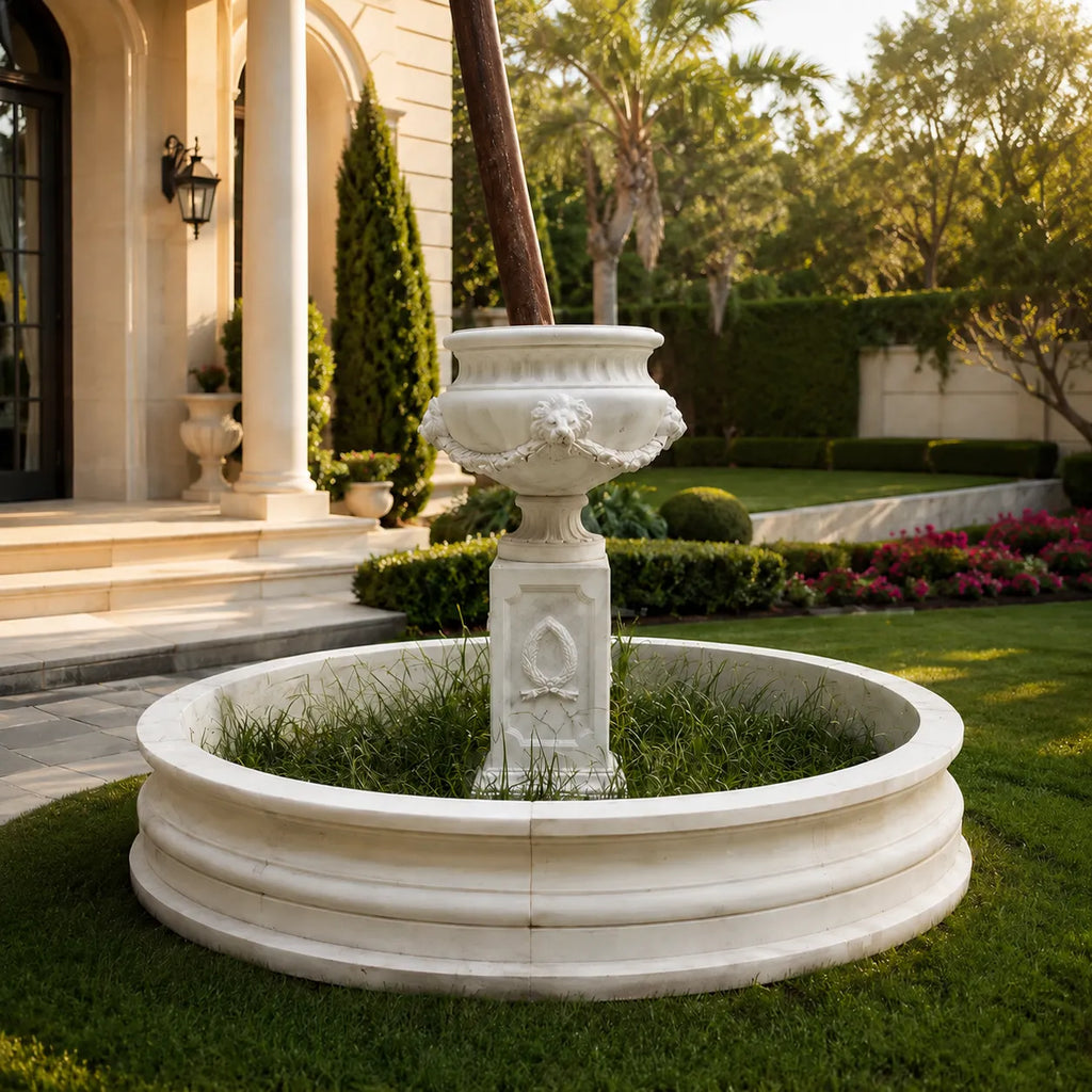 Classic White Marble Garden Urn Fountain with Circular Basin