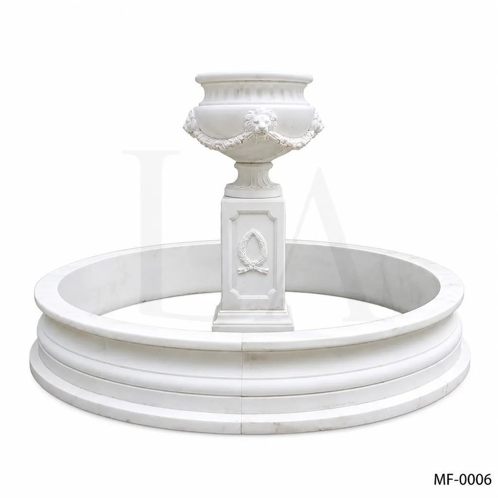 Classic White Marble Garden Urn Fountain with Circular Basin