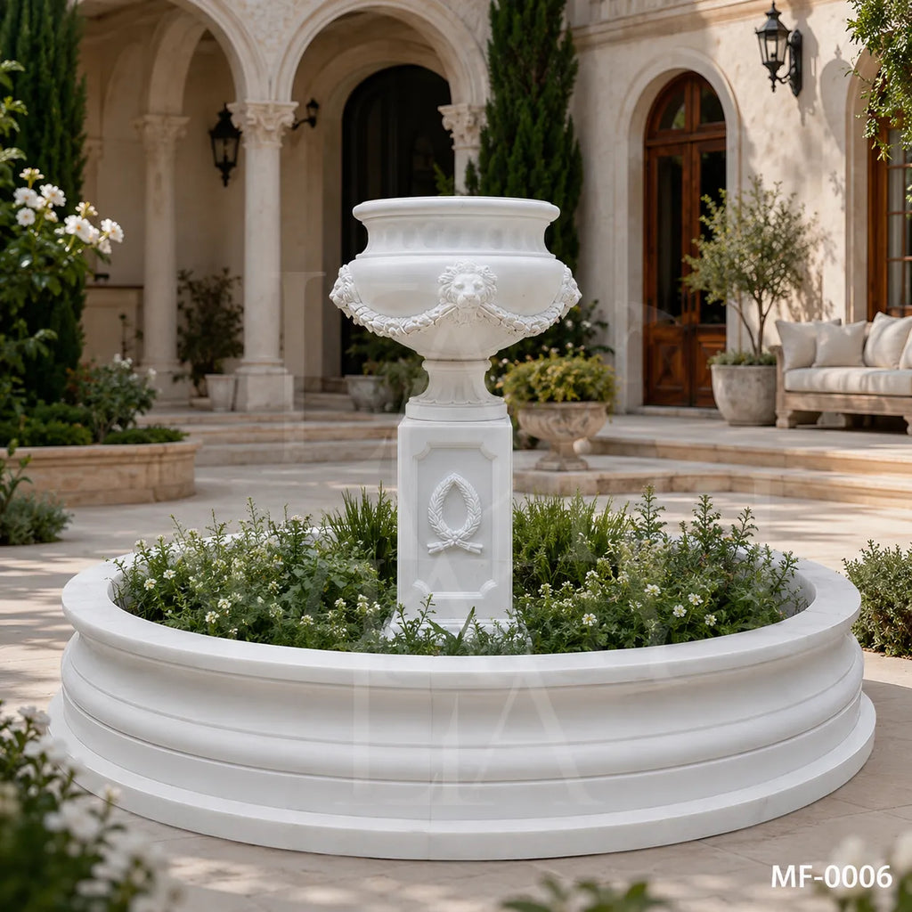 Classic White Marble Garden Urn Fountain with Circular Basin