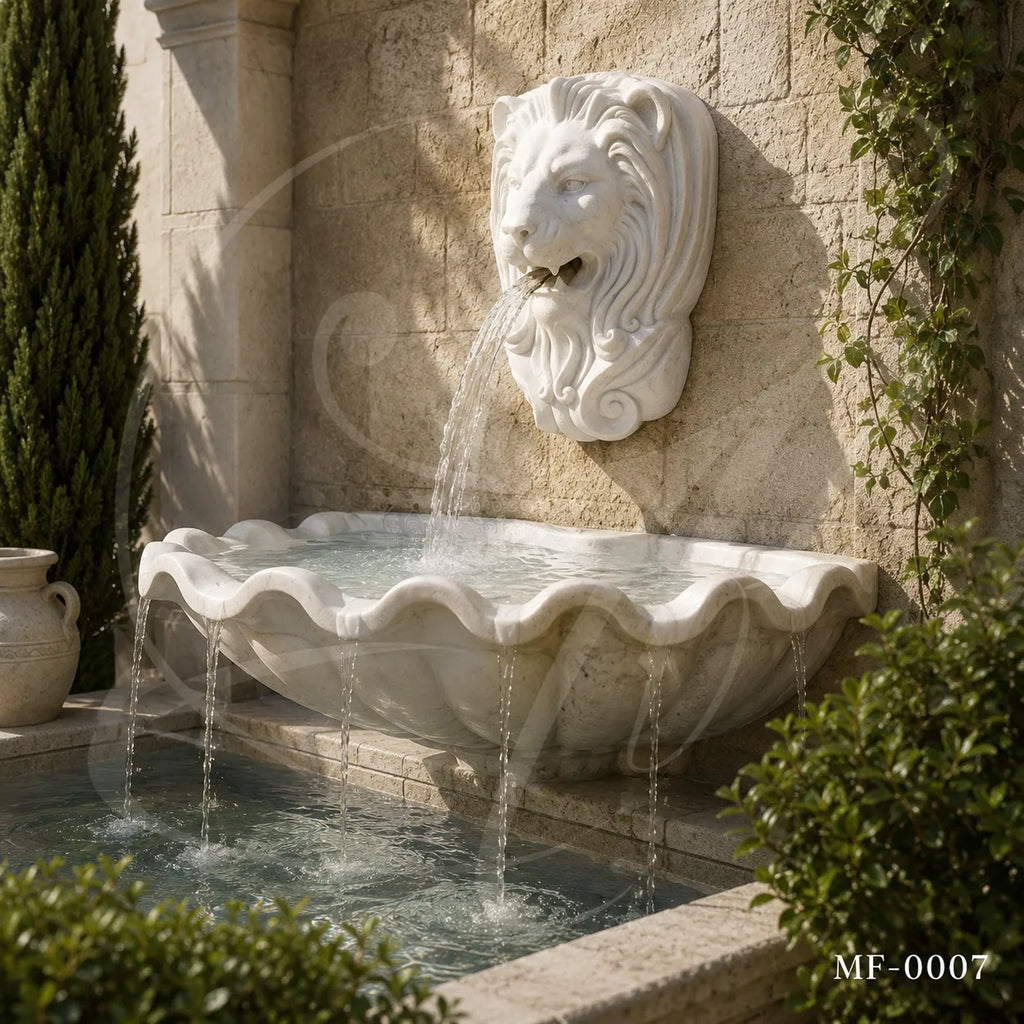 Lion Head Marble Wall Fountain with Scalloped Basin