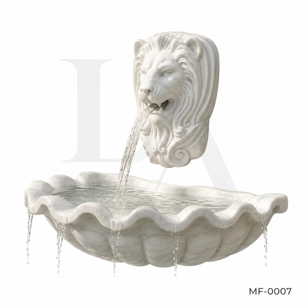 Lion Head Marble Wall Fountain with Scalloped Basin