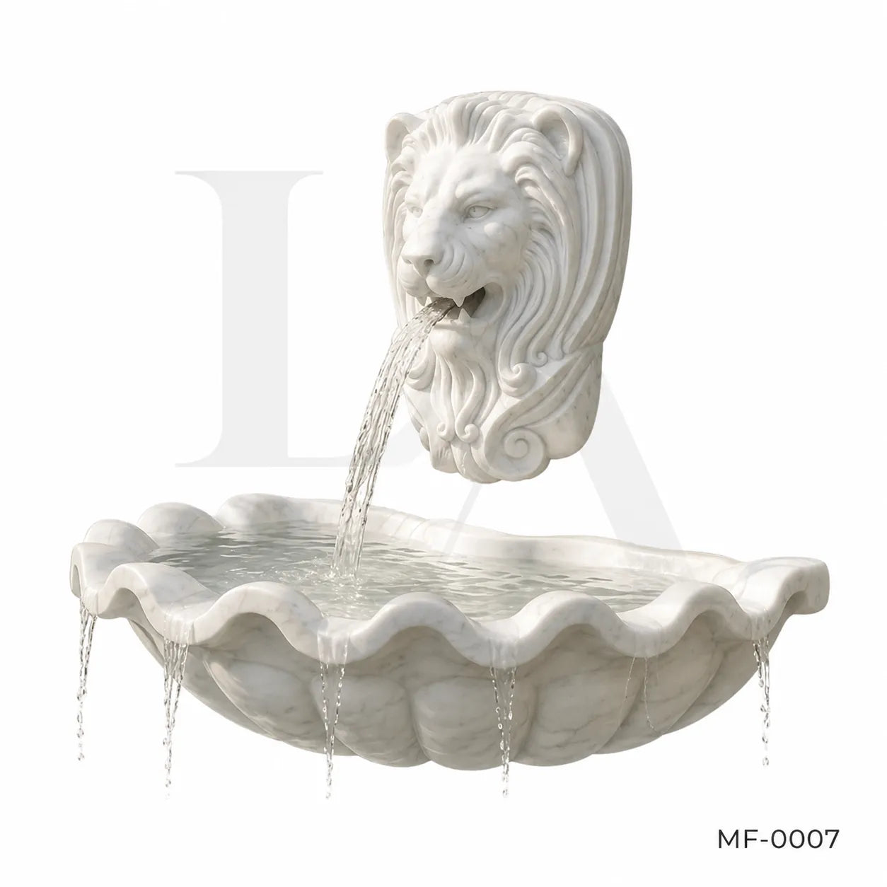 Lion Head Marble Wall Fountain with Scalloped Basin