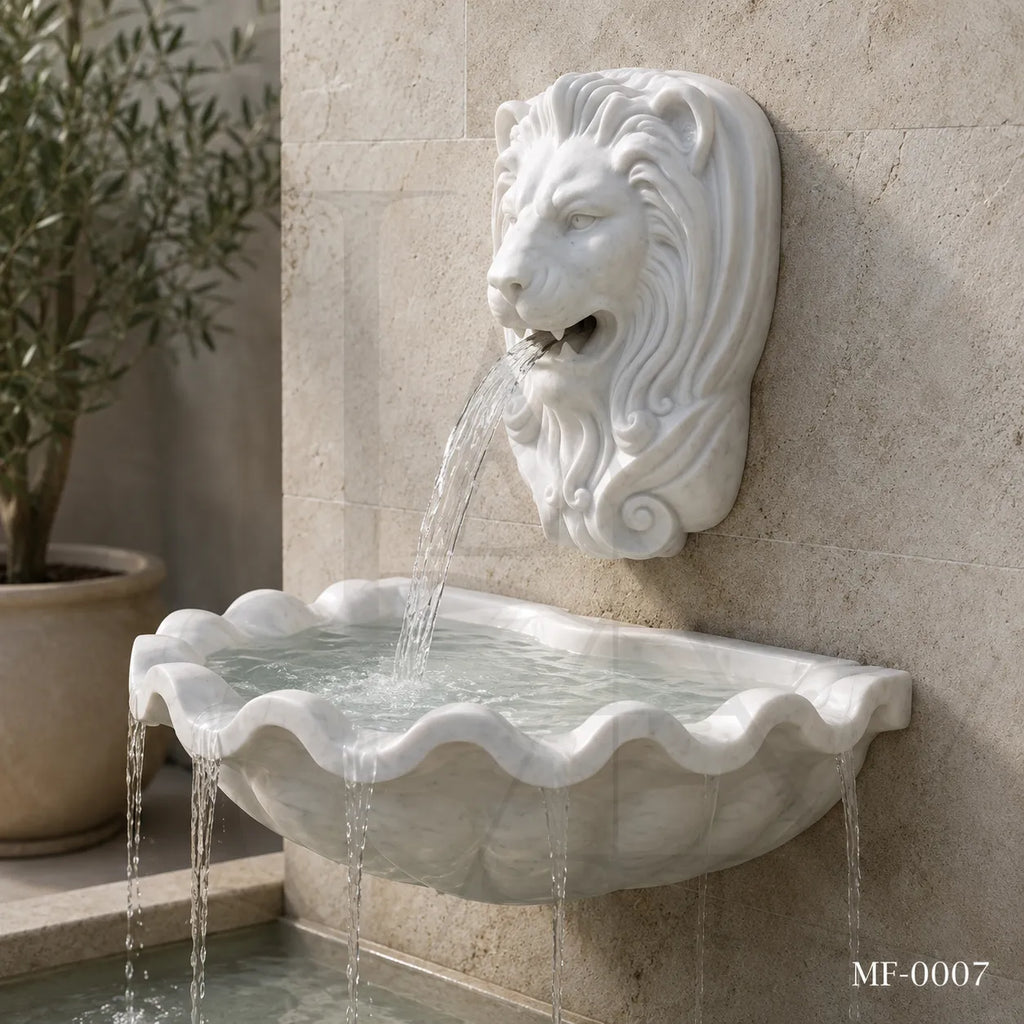 Lion Head Marble Wall Fountain with Scalloped Basin