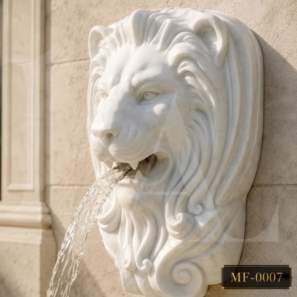 Lion Head Marble Wall Fountain with Scalloped Basin