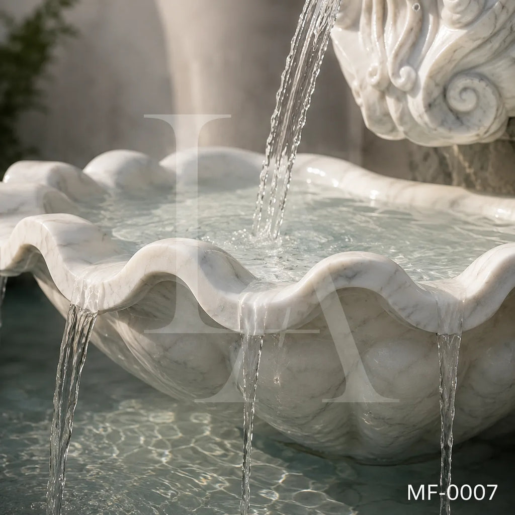 Lion Head Marble Wall Fountain with Scalloped Basin