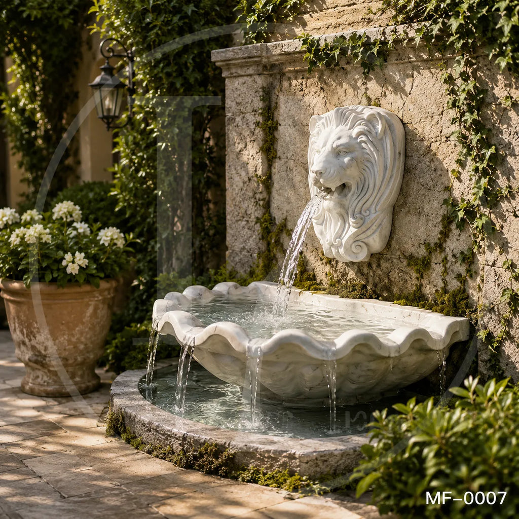 Lion Head Marble Wall Fountain with Scalloped Basin