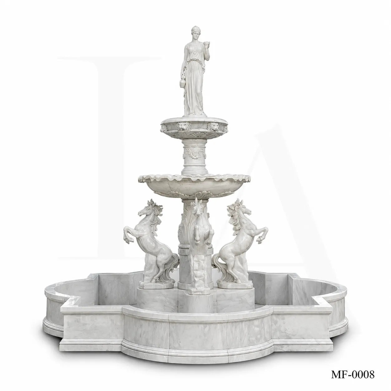 Classical White Marble Goddess Fountain with Rearing Horses