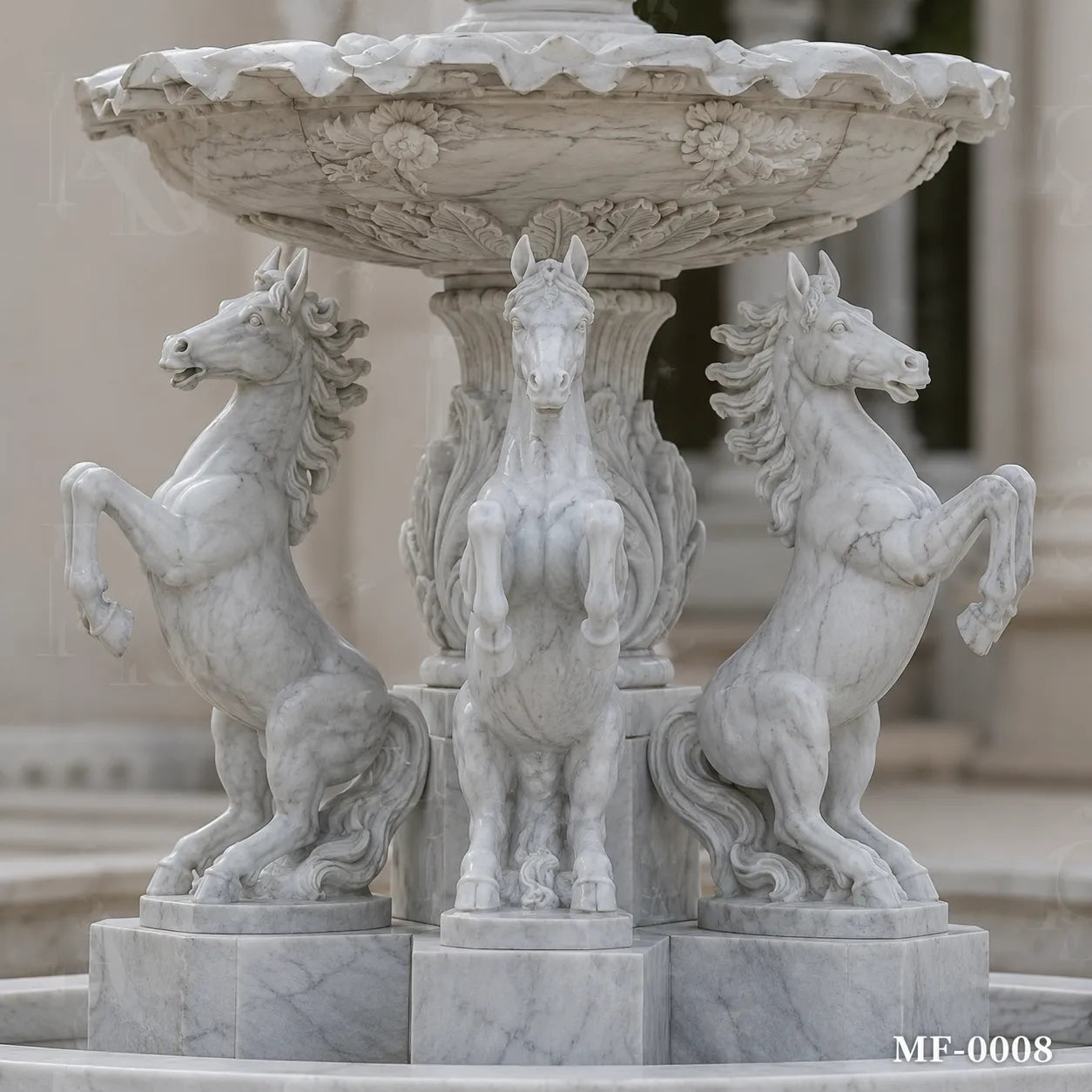 Classical White Marble Goddess Fountain with Rearing Horses