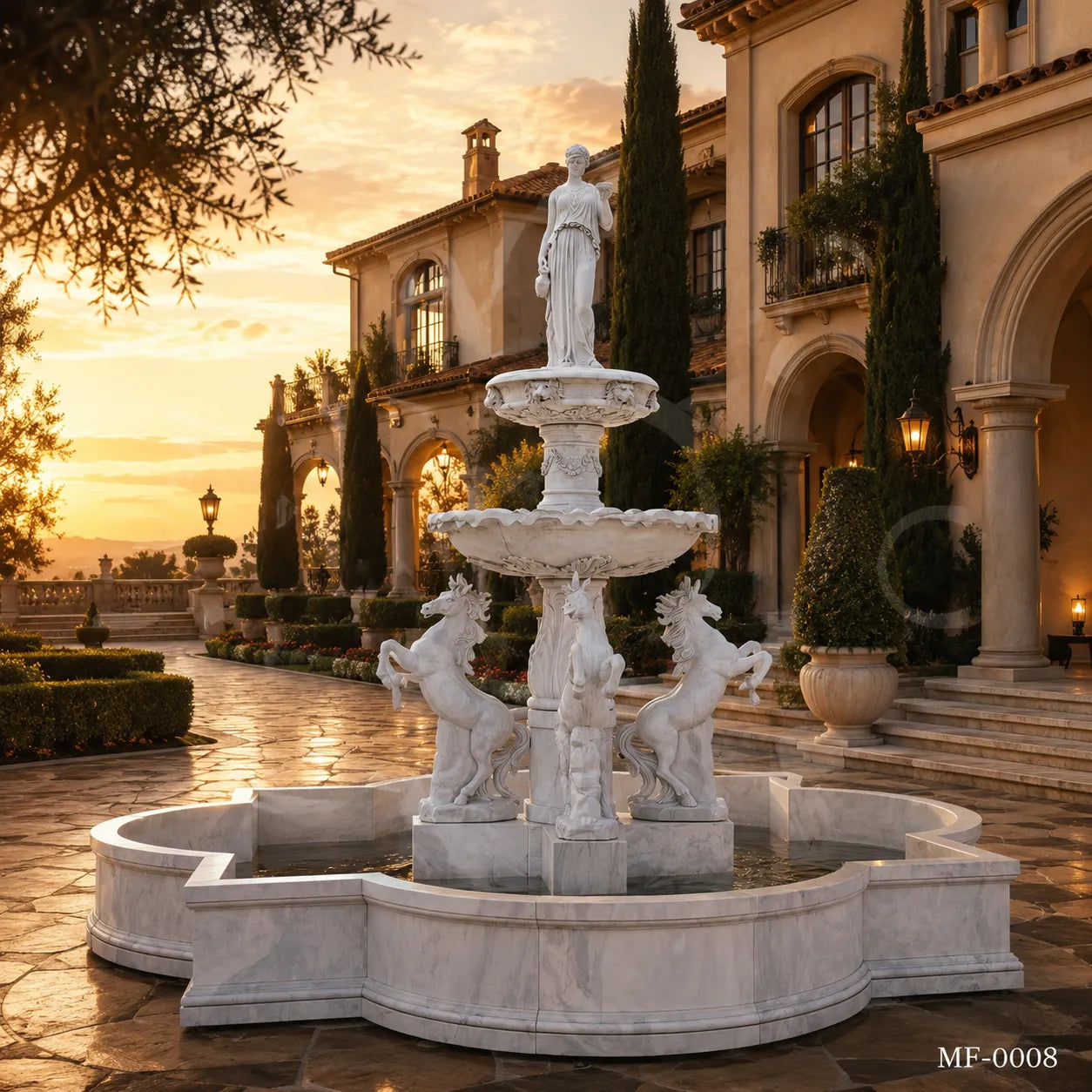 Classical White Marble Goddess Fountain with Rearing Horses