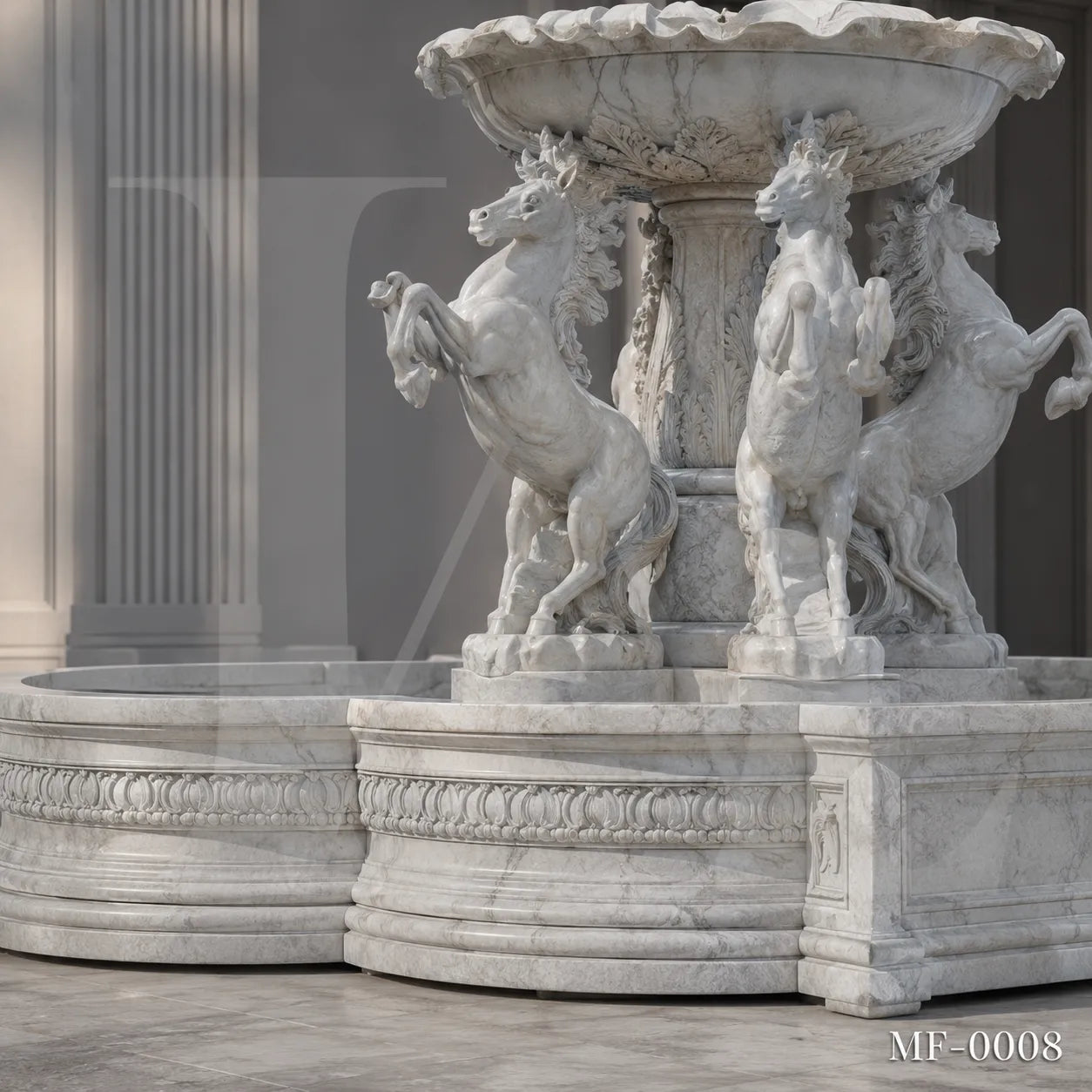 Classical White Marble Goddess Fountain with Rearing Horses
