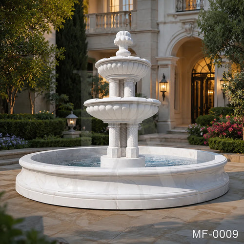 Classic Two-Tier White Marble Garden Fountain with Circular Basin