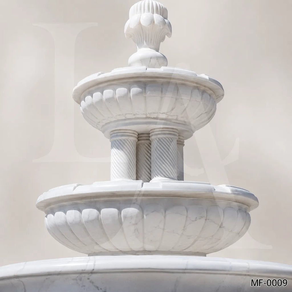 Classic Two-Tier White Marble Garden Fountain with Circular Basin