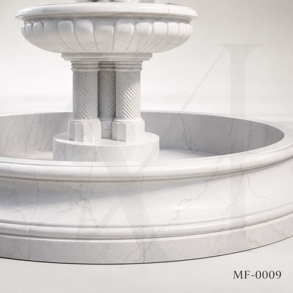 Classic Two-Tier White Marble Garden Fountain with Circular Basin