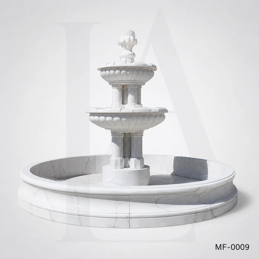 Classic Two-Tier White Marble Garden Fountain with Circular Basin