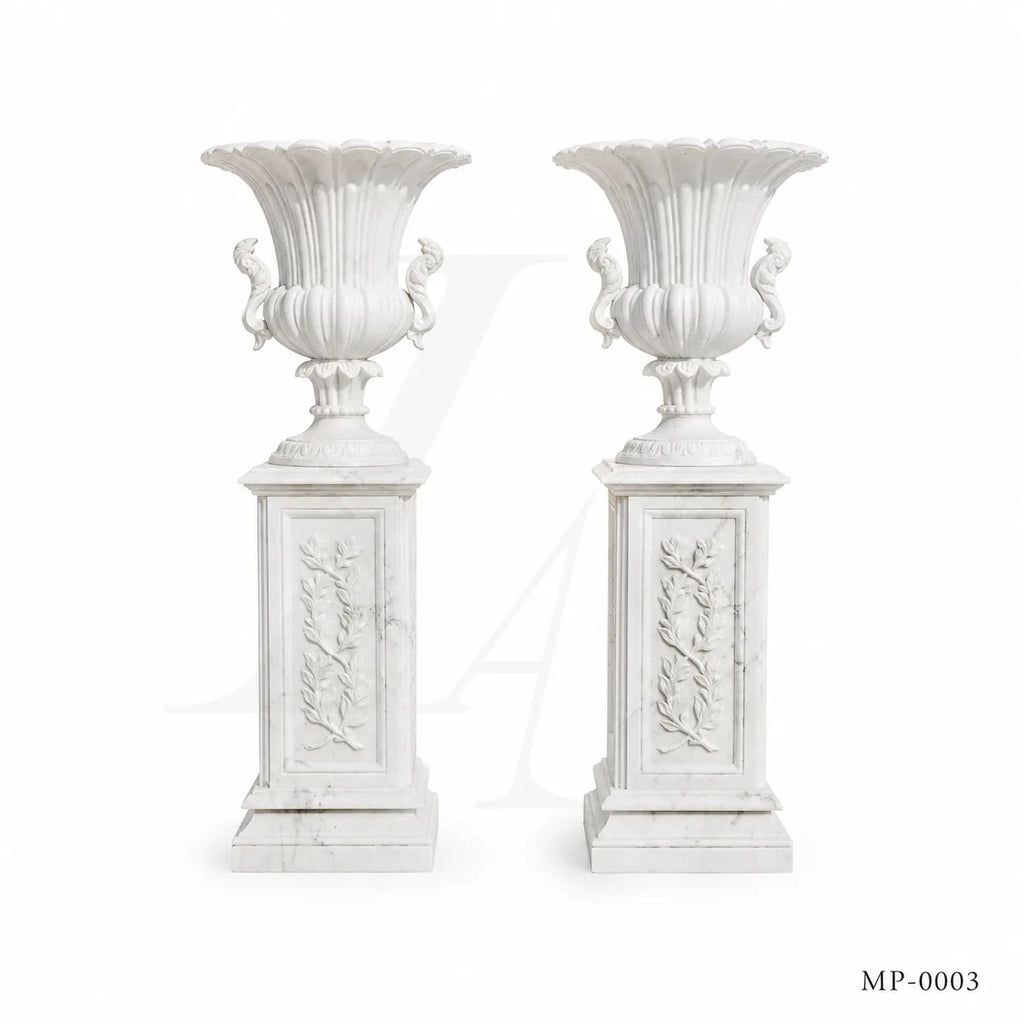 Classical White Marble Swan Handle Urn Planters with Pedestals