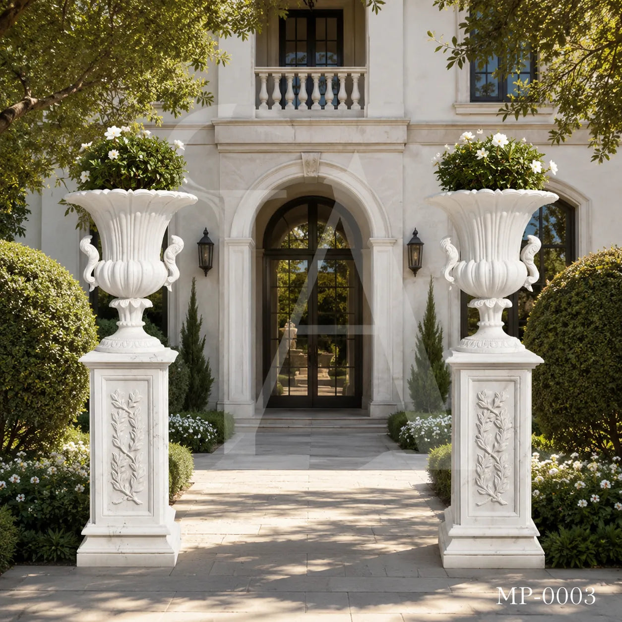 Classical White Marble Swan Handle Urn Planters with Pedestals