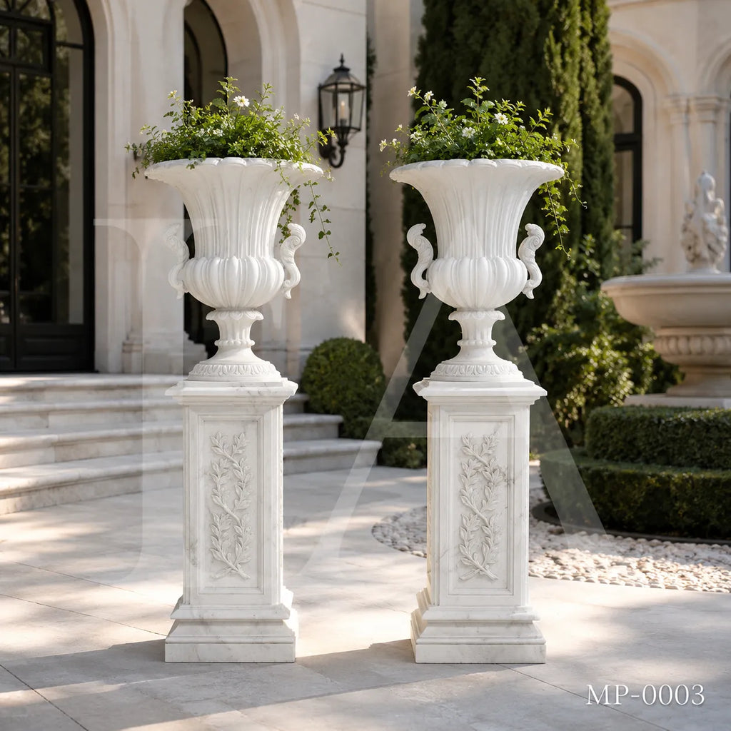 Classical White Marble Swan Handle Urn Planters with Pedestals