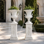 Classical White Marble Swan Handle Urn Planters with Pedestals