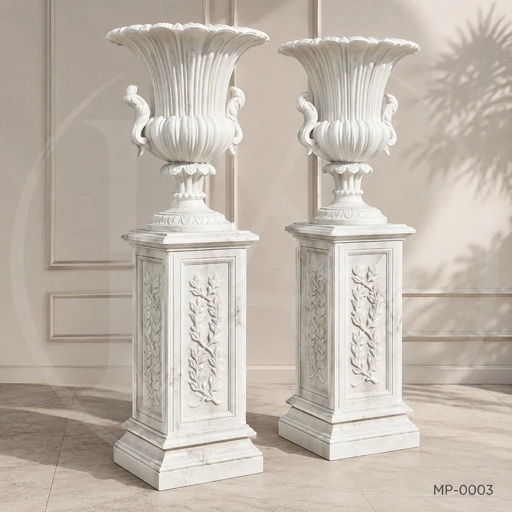 Classical White Marble Swan Handle Urn Planters with Pedestals