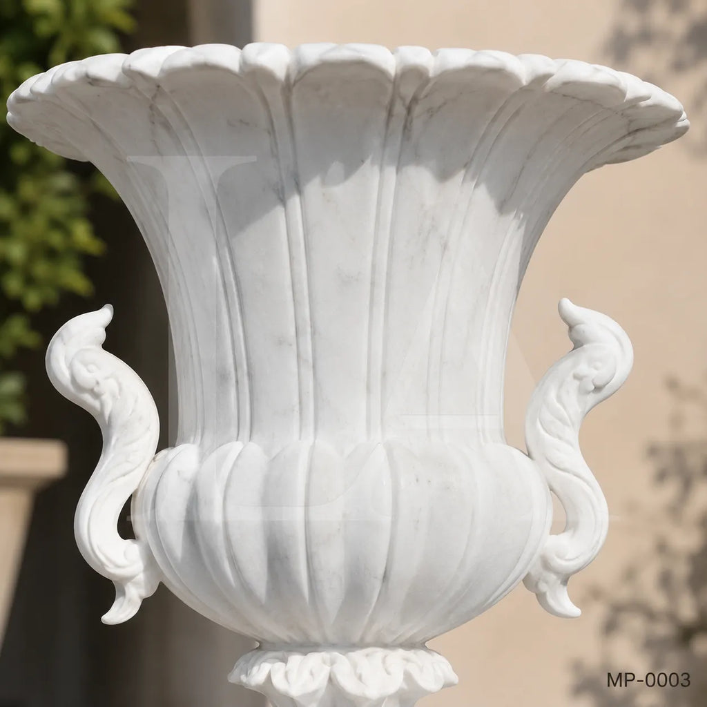 Classical White Marble Swan Handle Urn Planters with Pedestals