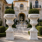 Grand Classical White Marble Garden Urn Planters with Pedestals