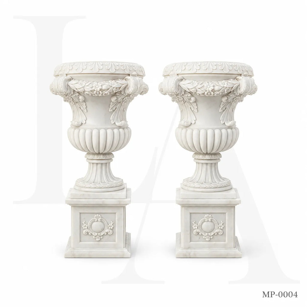 Grand Classical White Marble Garden Urn Planters with Pedestals