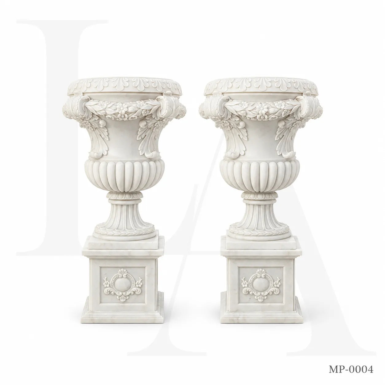 Grand Classical White Marble Garden Urn Planters with Pedestals
