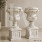 Grand Classical White Marble Garden Urn Planters with Pedestals