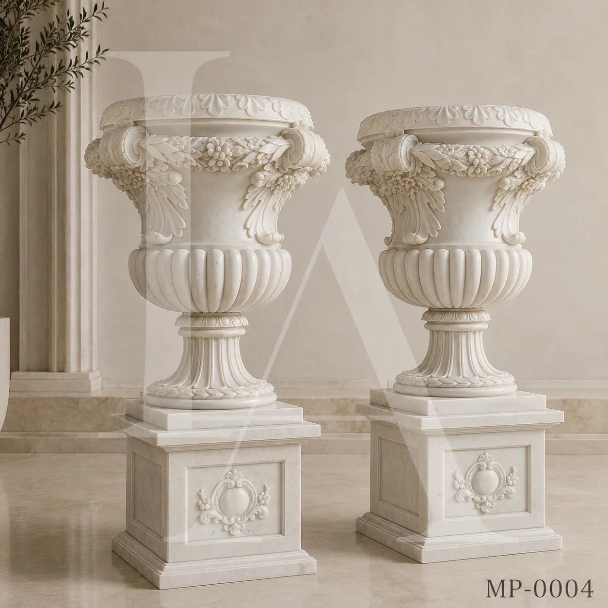 Grand Classical White Marble Garden Urn Planters with Pedestals