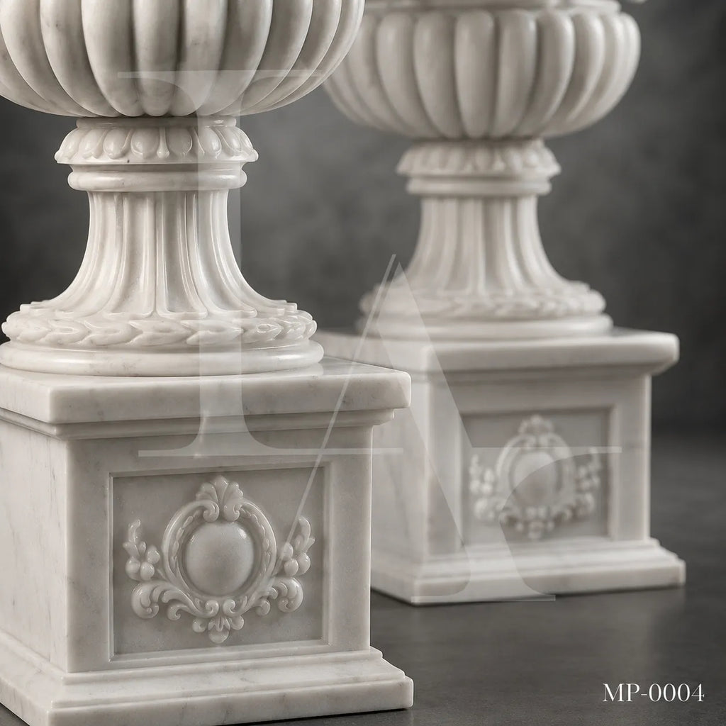 Grand Classical White Marble Garden Urn Planters with Pedestals