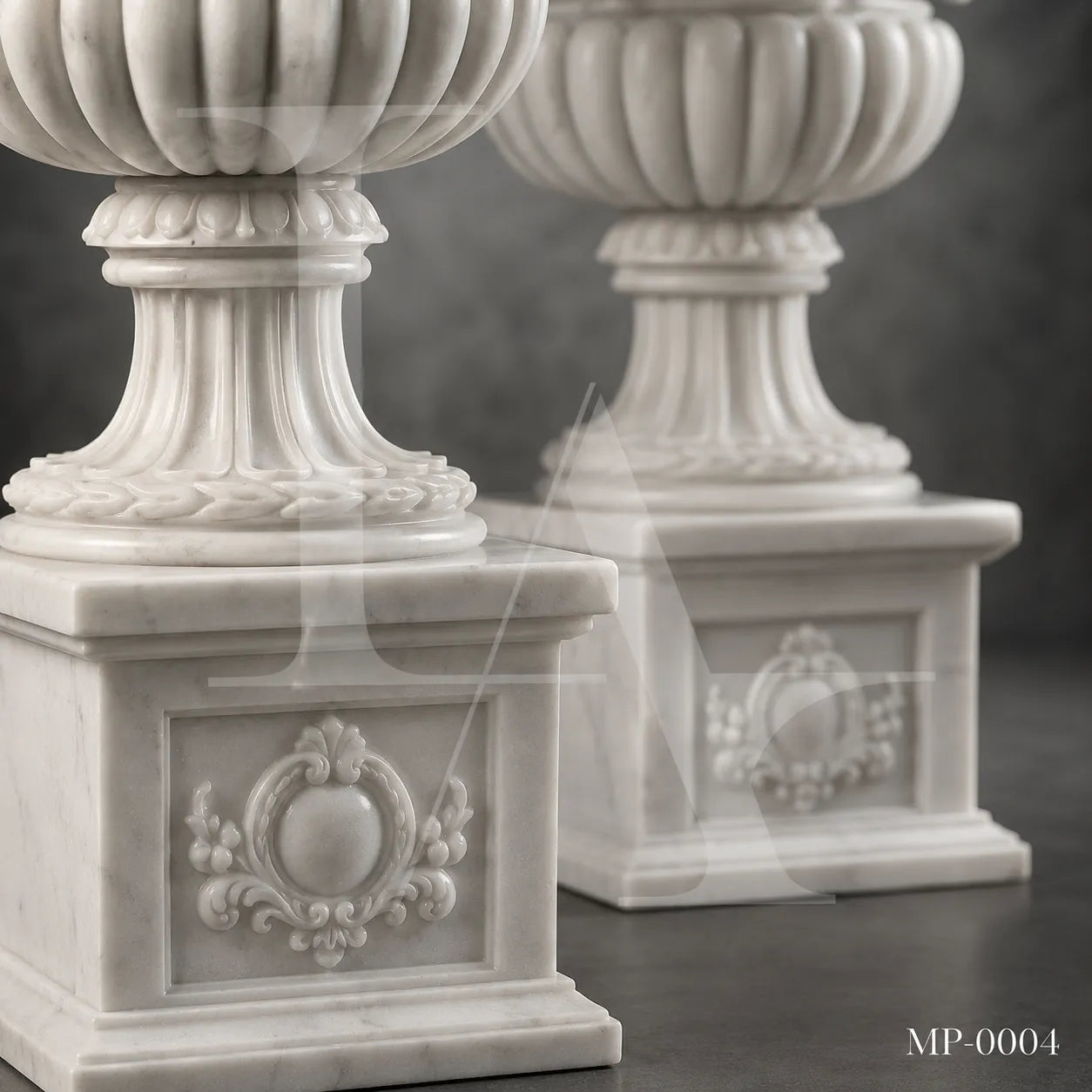 Grand Classical White Marble Garden Urn Planters with Pedestals
