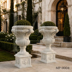Grand Classical White Marble Garden Urn Planters with Pedestals