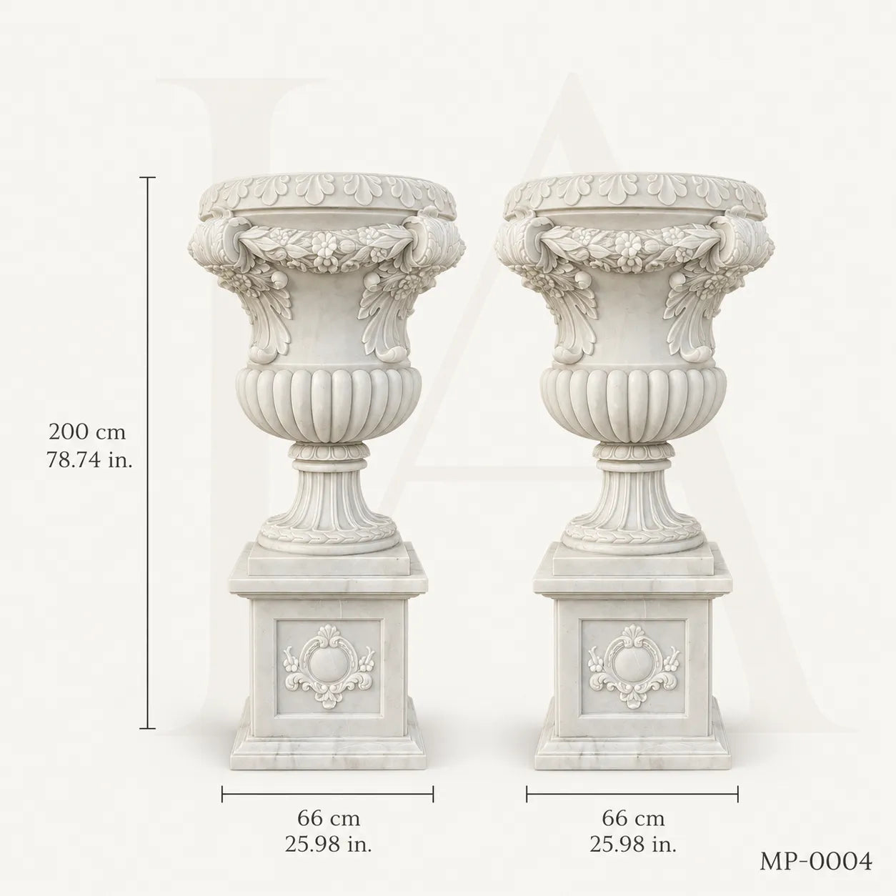 Grand Classical White Marble Garden Urn Planters with Pedestals