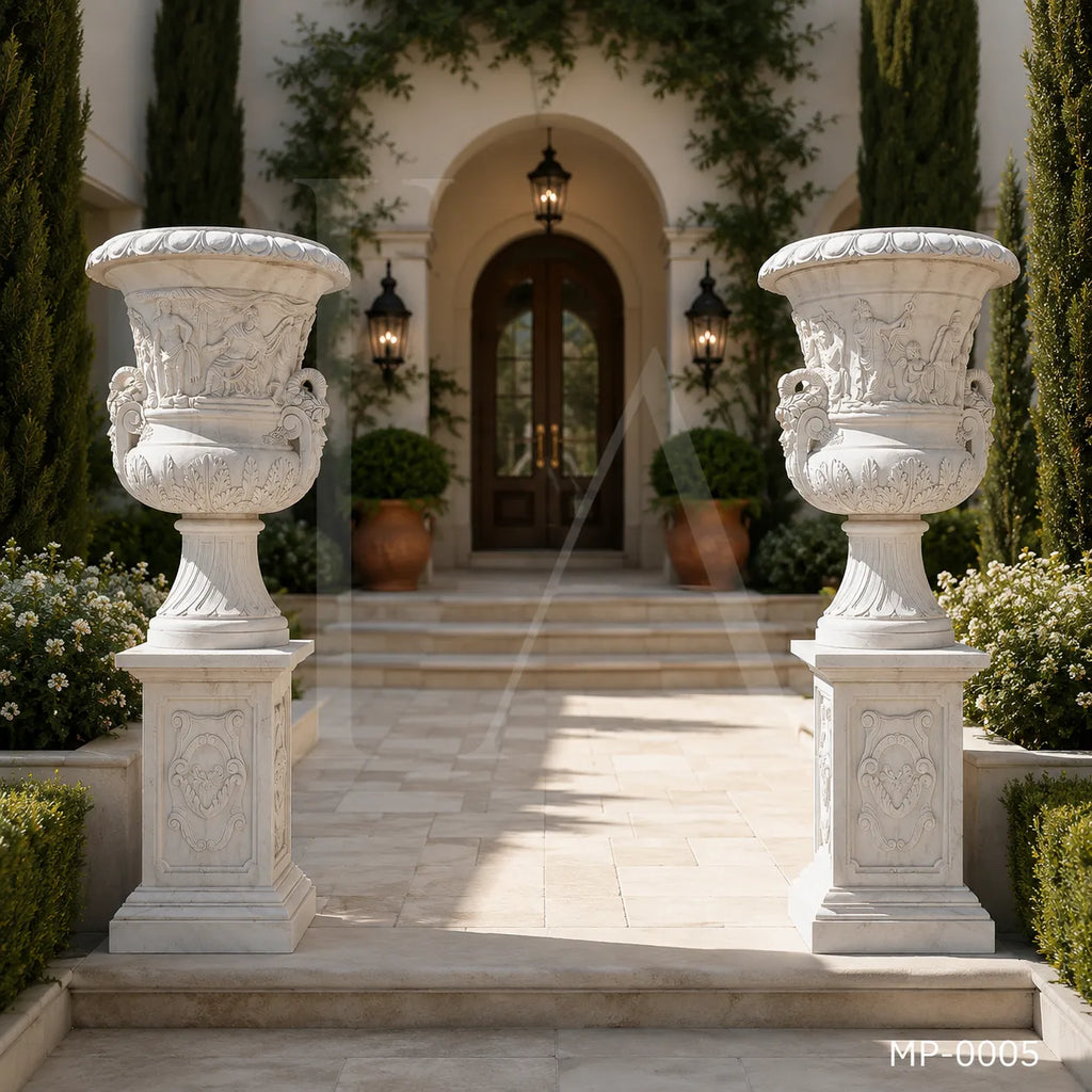 Monumental White Marble Mythological Urn Planters with Pedestals
