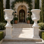 Monumental White Marble Mythological Urn Planters with Pedestals