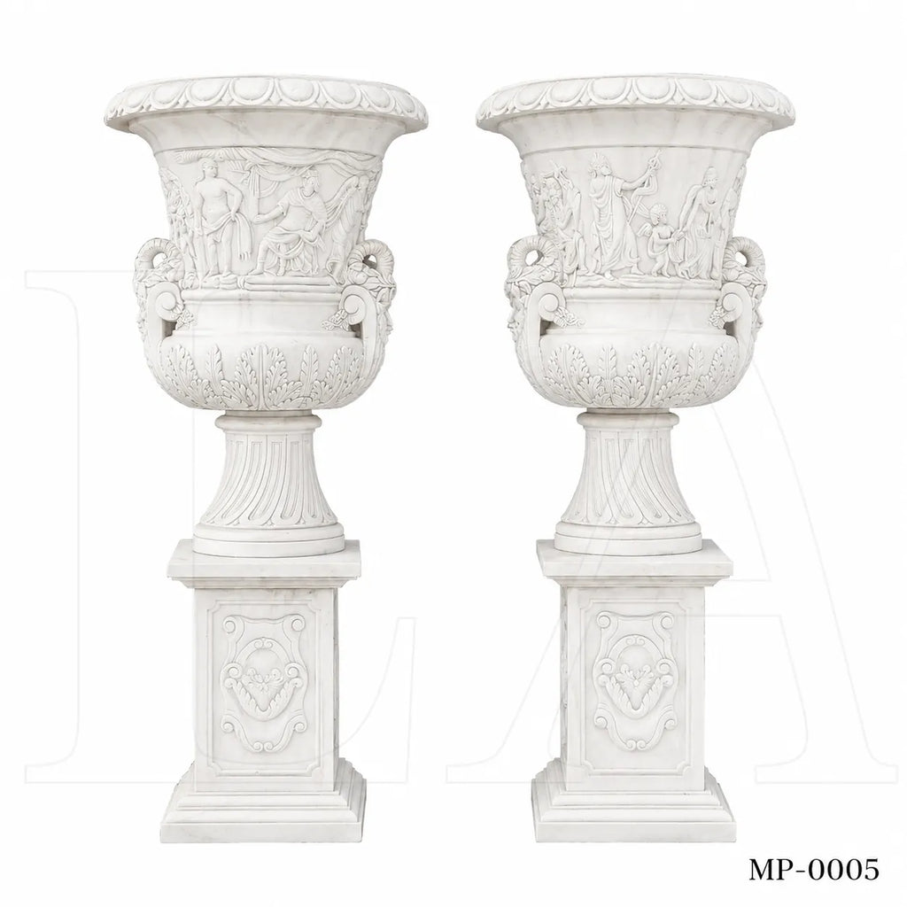 Monumental White Marble Mythological Urn Planters with Pedestals
