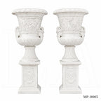 Monumental White Marble Mythological Urn Planters with Pedestals
