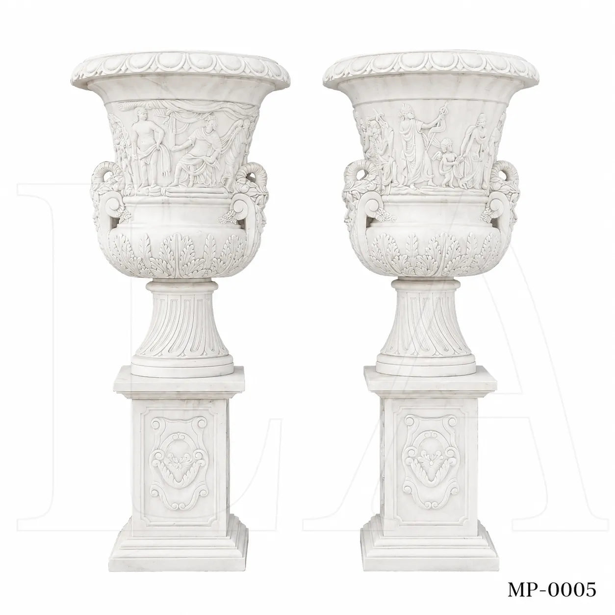 Monumental White Marble Mythological Urn Planters with Pedestals