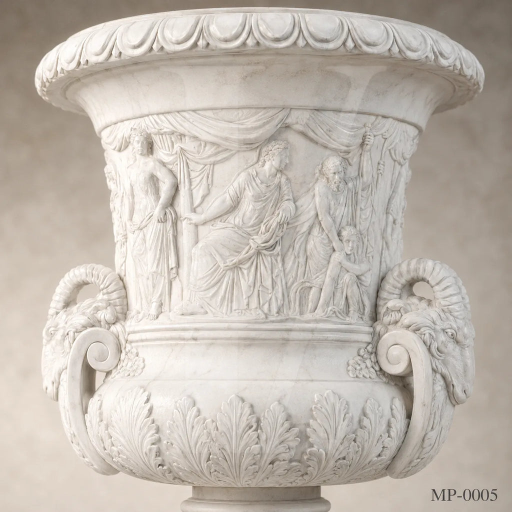 Monumental White Marble Mythological Urn Planters with Pedestals