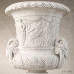 Monumental White Marble Mythological Urn Planters with Pedestals