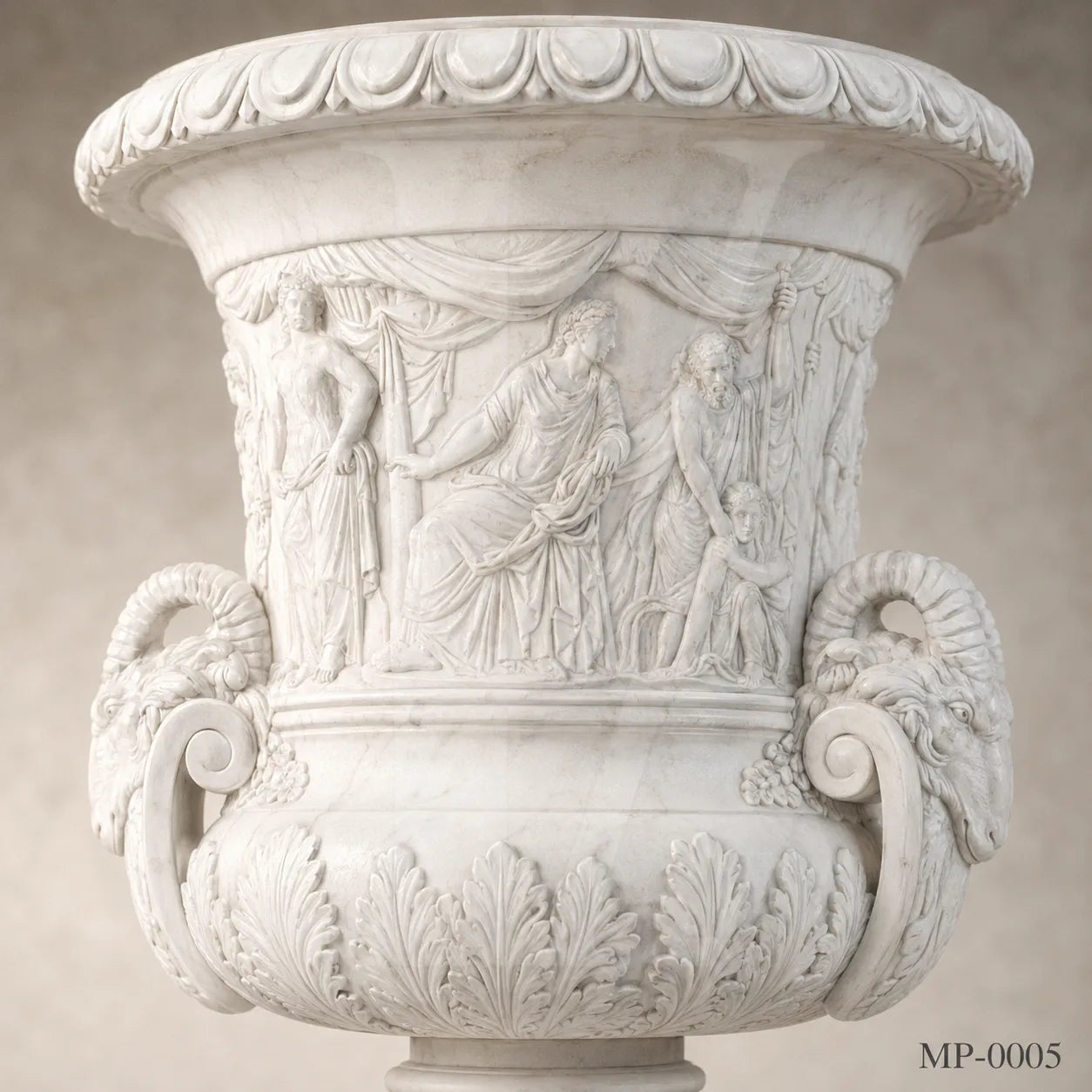 Monumental White Marble Mythological Urn Planters with Pedestals