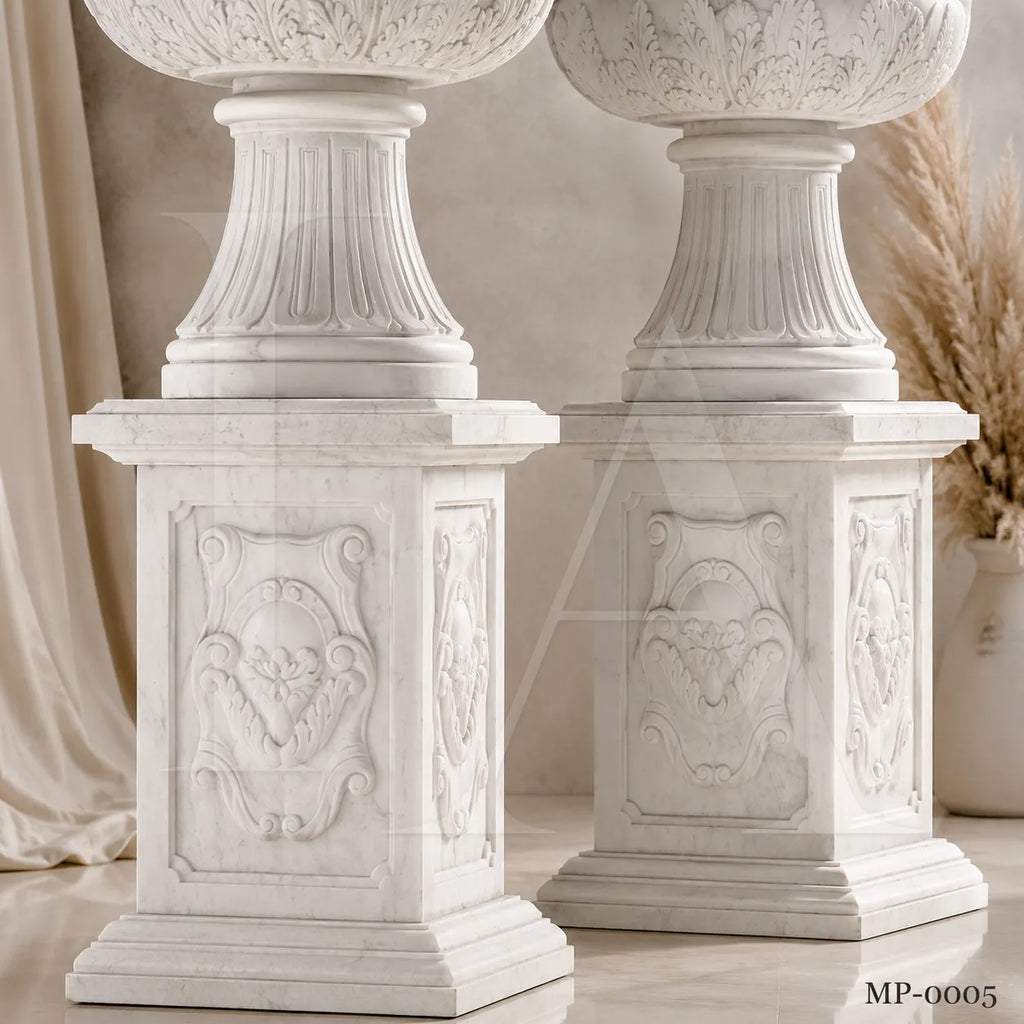 Monumental White Marble Mythological Urn Planters with Pedestals
