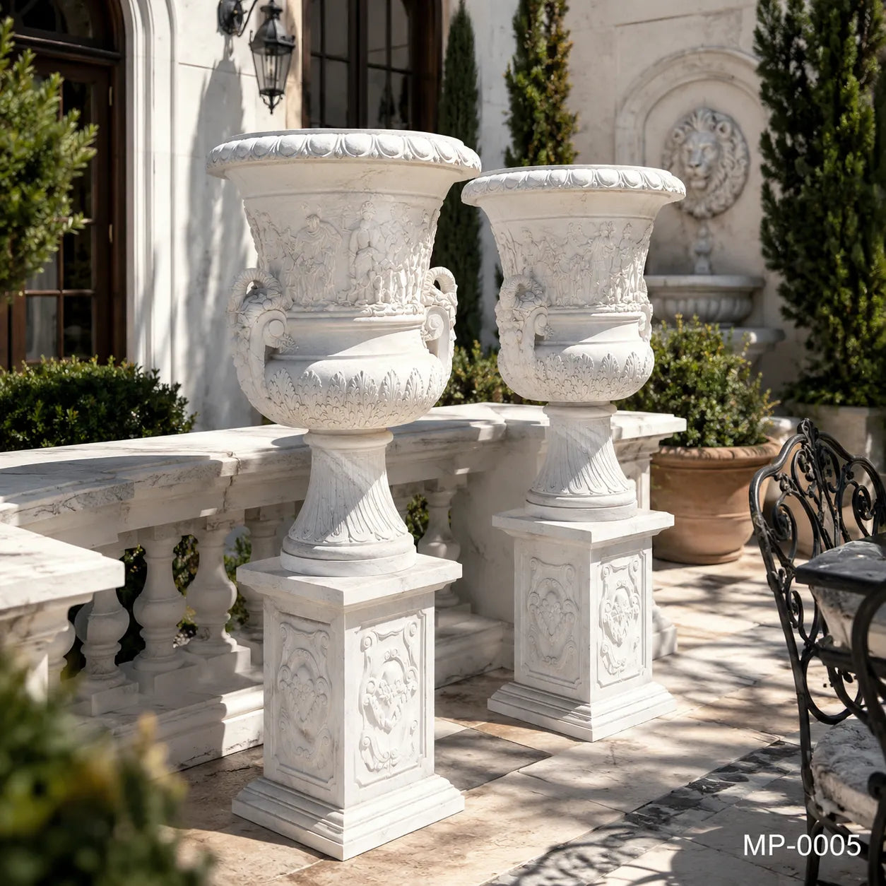 Monumental White Marble Mythological Urn Planters with Pedestals
