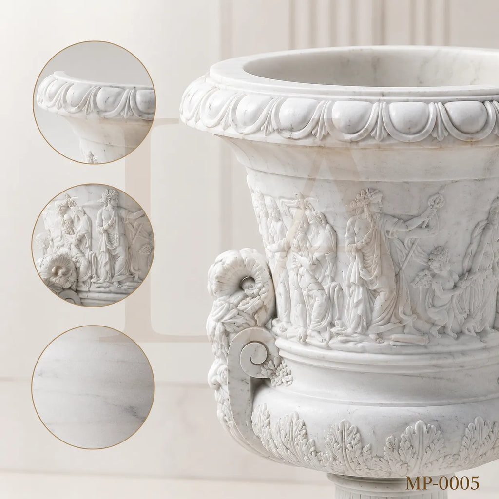 Monumental White Marble Mythological Urn Planters with Pedestals